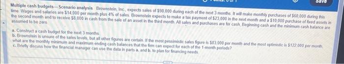 please a, b , c Multiple cash budgets-Scenario analysis Brownstein, Inc, expects