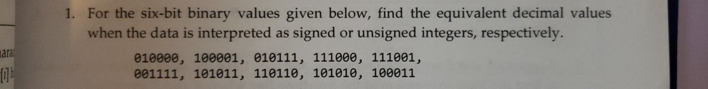  1. For the six-bit binary values given below, find the equivalent