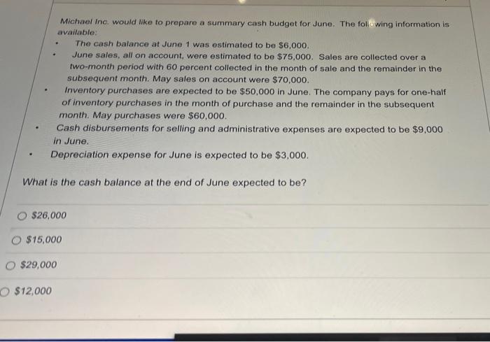  . Michael Inc. would like to prepare a summary cash budget