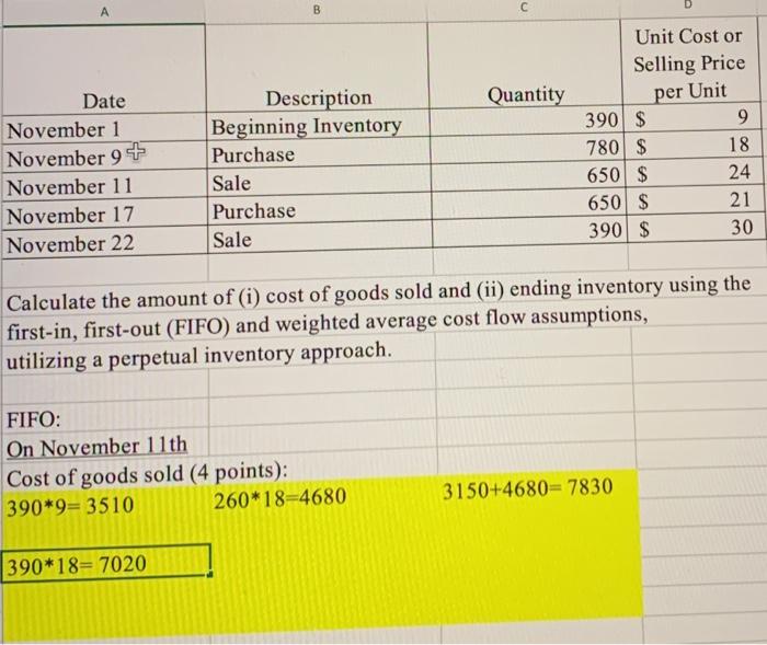  A B Unit Cost or Selling Price Quantity per Unit Date