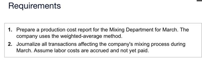Answer please Requirements 1. Prepare a production cost report for the Mixing