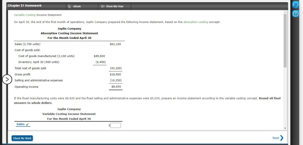  Chapter 21 Homework eBook Show Me How Variable Costing Income Statement