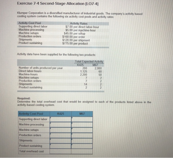  Exercise 7-4 Second-Stage Allocation [LO7-4 Klumper Corporation is a diversified manufacturer