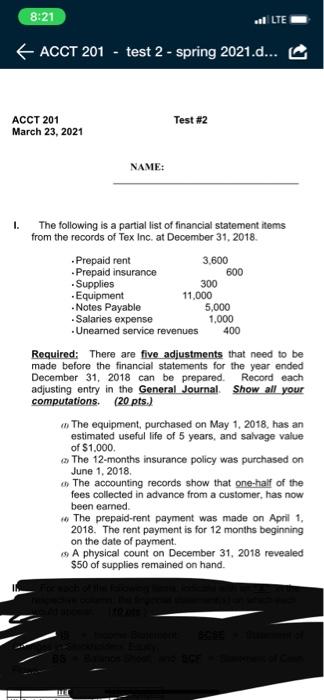  8:21 | UE fACCT 201 - test 2 - spring 2021.d...