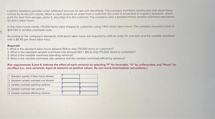 plz help Logistics Solutions provides order fulfiliment services for dotcom merchants. The