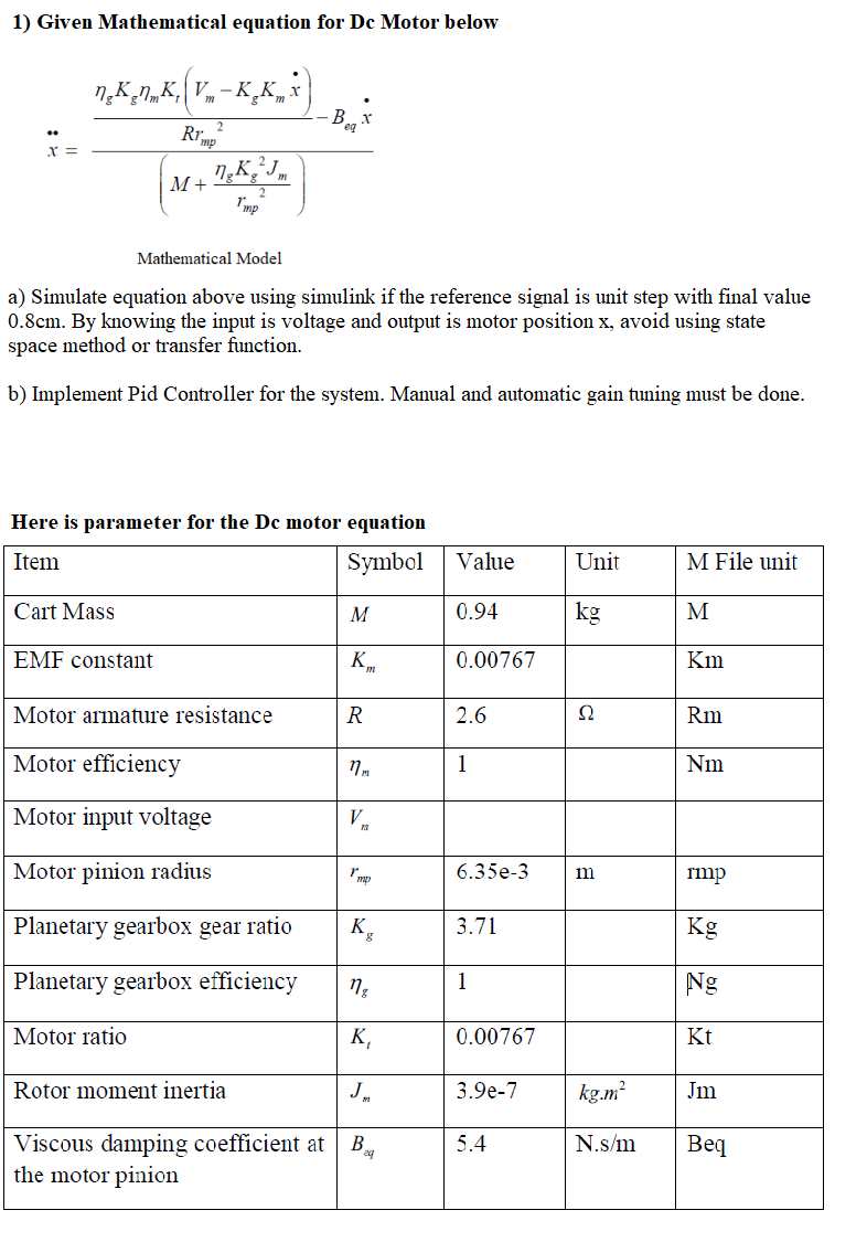 1) Given Mathematical equation for Dc Motor below . 2 7K7K,