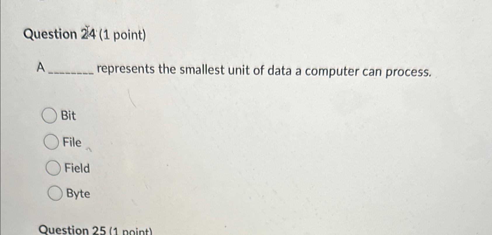  Question 24(1 point) A represents the smallest unit of data a