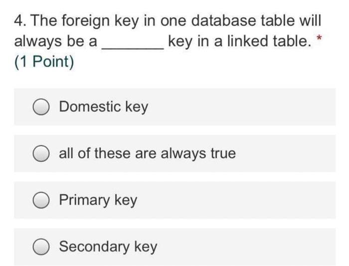  * 4. The foreign key in one database table will always