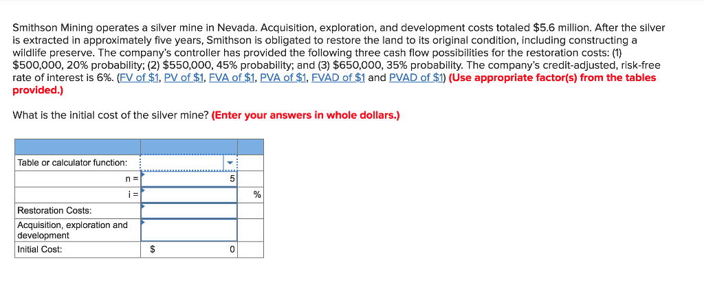 Smithson Mining operates a silver mine in Nevada. Acquisition, exploration, and