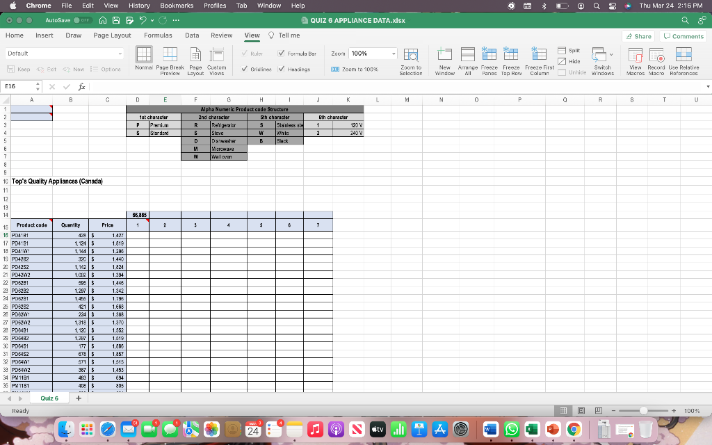 In E16: Use the product code breakdown provided at the top of