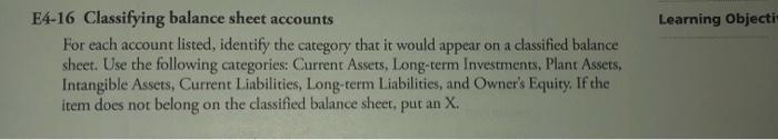  Learning Objecti E4-16 Classifying balance sheet accounts For each account listed,