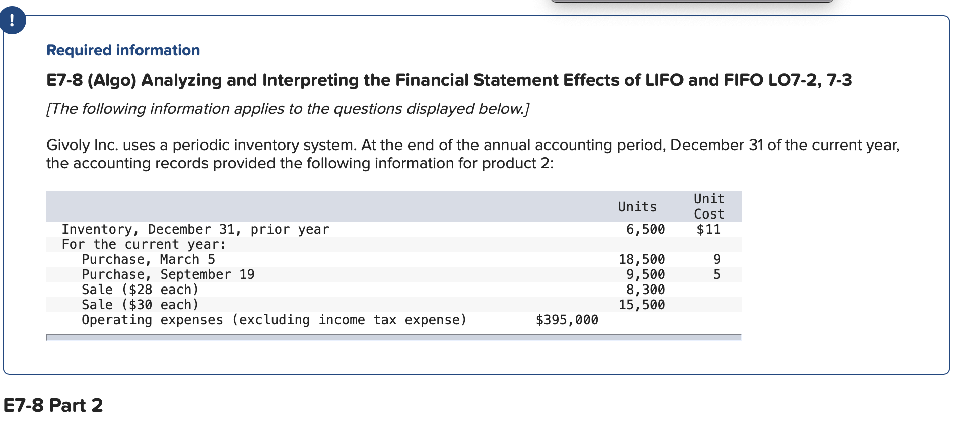 ! Required information E7-8 (Algo) Analyzing and Interpreting the Financial Statement