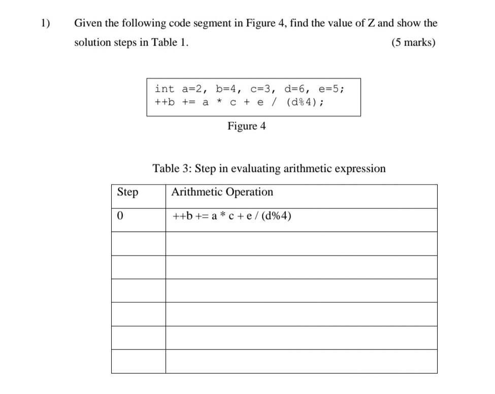  1) Given the following code segment in Figure 4, find the
