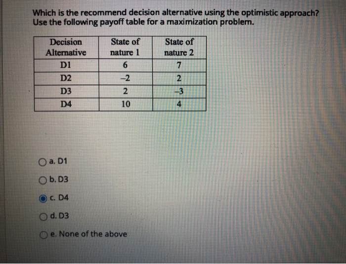  Which is the recommend decision alternative using the optimistic approach? Use