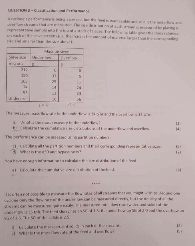  QUESTION 3- Classification and Performance A cyclone's performance is being assessed,