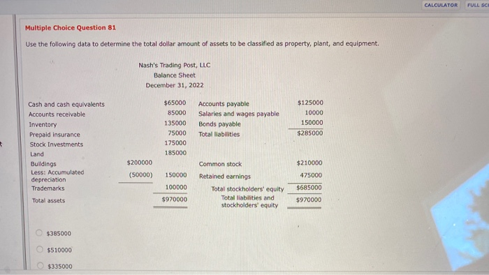  CALCULATOR FULL SC Multiple Choice Question 81 Use the following data
