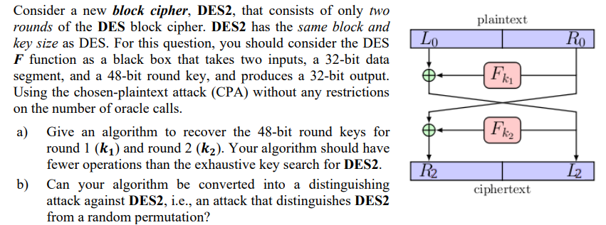  Consider a new block cipher, DES2, that consists of only two
