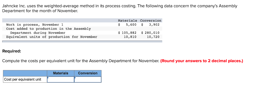  Jahncke Inc. uses the weighted-average method in its process costing. The