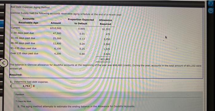  Bad Debt Expense: Aging Method Siencoe Supply hat the following accounts