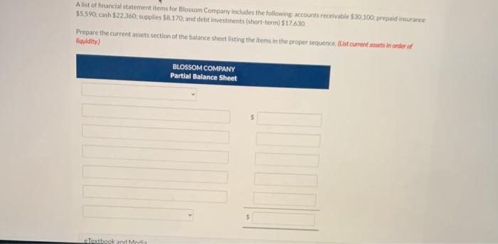  A list othuancial statement items for Blossom Company includes the following