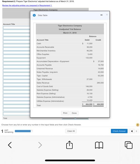 Prepare Tiger Electronics' adjusted trial balance as of March 31, 2018 Review