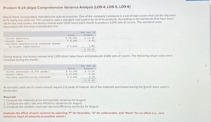  Problem 9-24 (Algo) Comprehensive Variance Analysis [LO9-4, LO9-5, LO9-6] Marvel Parts,
