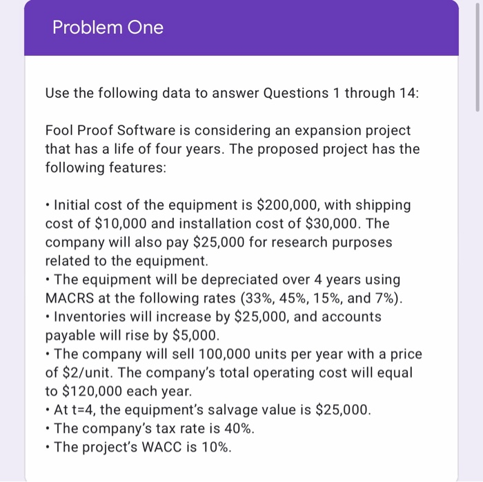  Problem One Use the following data to answer Questions 1 through