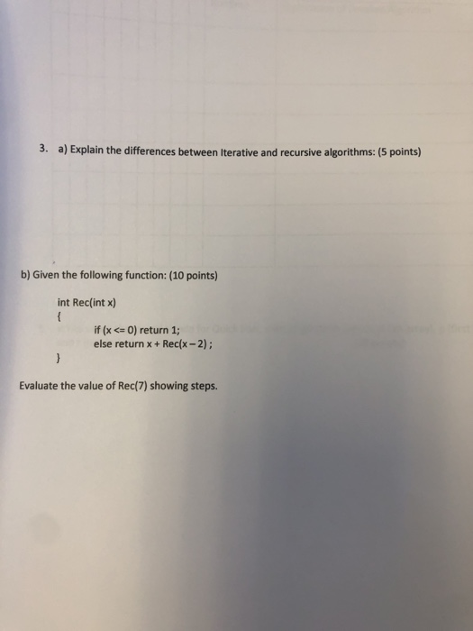  3. a) Explain the differences between Iterative and recursive algorithms: (5