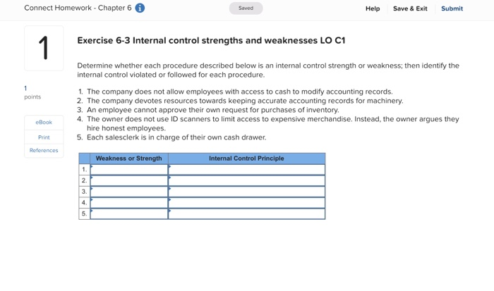  I need help with the Weakness or Strength and Internal Control