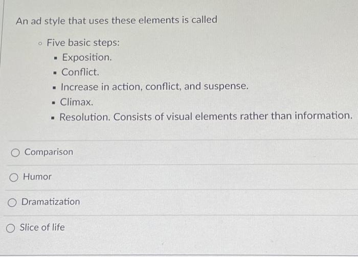  An ad style that uses these elements is called o Five