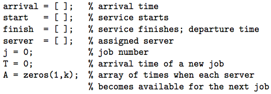 four servers; Gamma distributed service times with parameters given in the table,