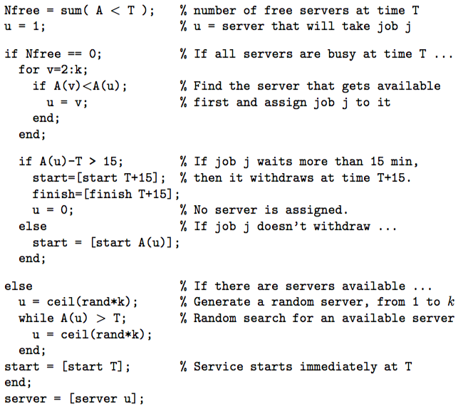 4 min, independent of service times; random assignment of servers, when more