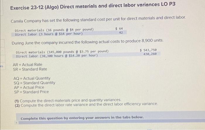  please help and answer all Exercise 23-12 (Algo) Direct materials and