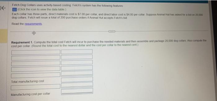 Fetch Dog Collars uses activity-based costing Fetch's system has the following features: