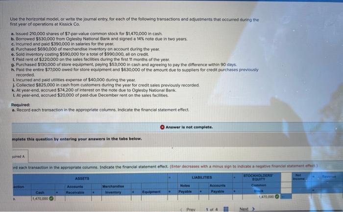  Use the horizontal model or write the journal entry, for each