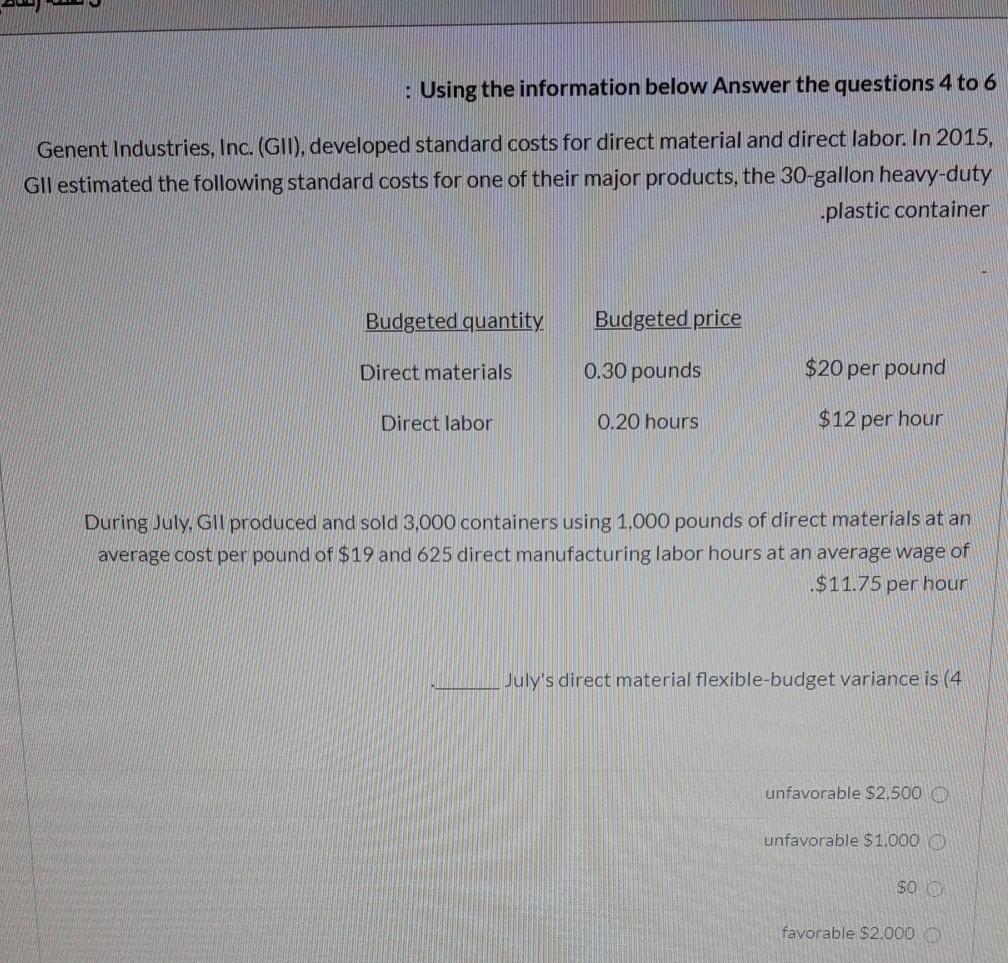 : Using the information below Answer the questions 4 to 6