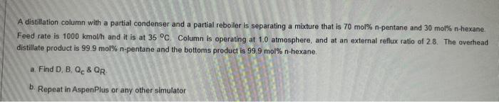  A distillation column with a partial condenser and a partial reboiler