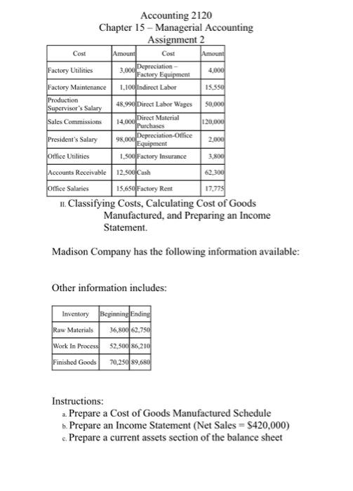  Accounting 2120 Chapter 15 - Managerial Accounting Assignment 2 Cost Amount