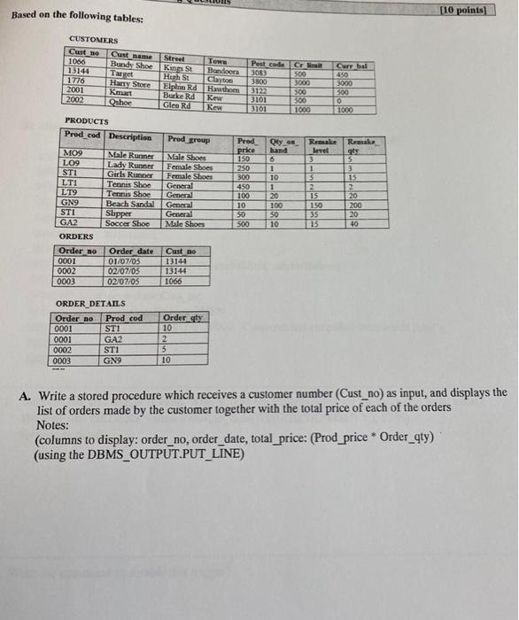 quickly pls (: Based on the following tables: (10 points] Towe CUSTOMERS