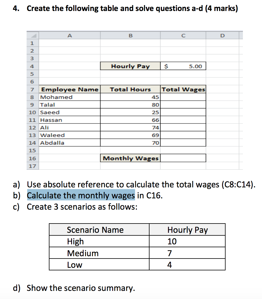 solve the questions by using Microsoft Excel. 4. Create the following table