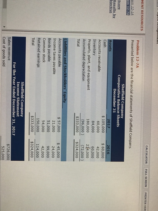  CALCULATOR FULL SCREEN PRINTER VERS MENT RESOURCES Problem 12-7A Presented below