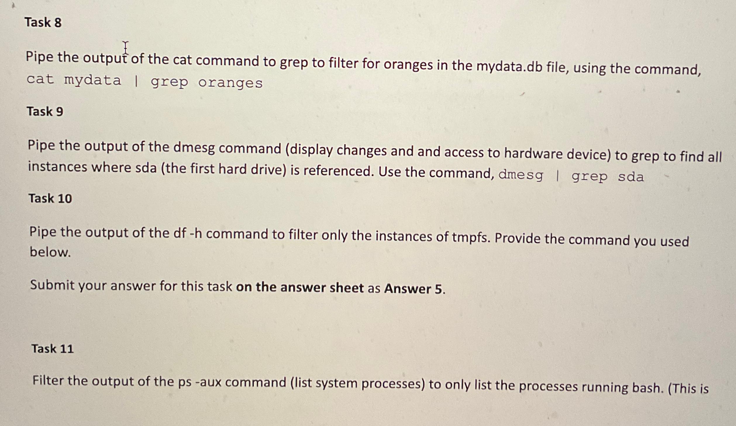  Task 8 Pipe the output of the cat command to grep