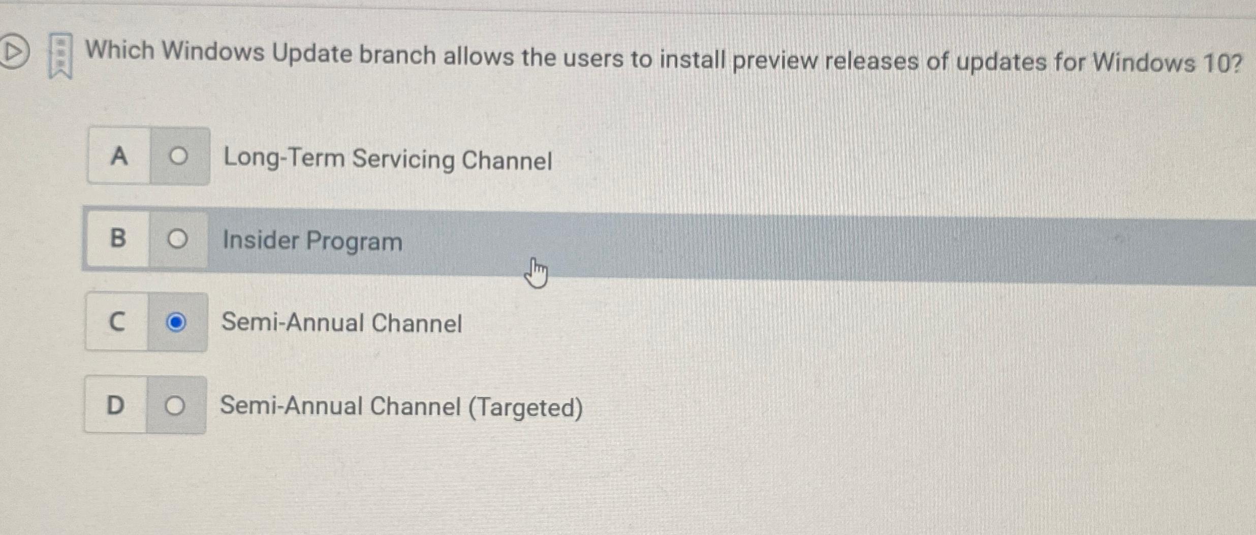  Which Windows Update branch allows the users to install preview releases