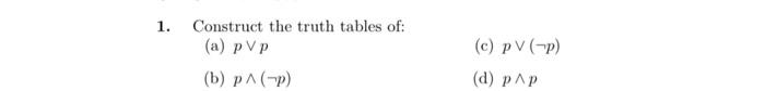  1. Construct the truth tables of: (a) pp (c) p(p) (b)