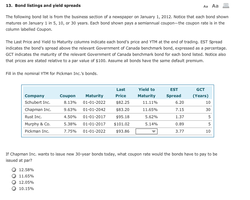  13. Bond listings and yield spreads Aa Aa E The following