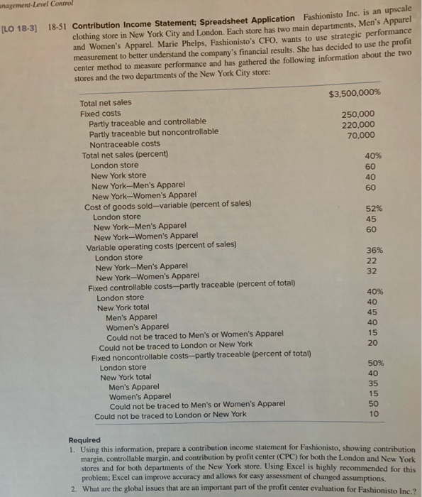  anagement-Level Control [LO 18-3] 18-51 Contribution Income Statement; Spreadsheet Application Fashionisto