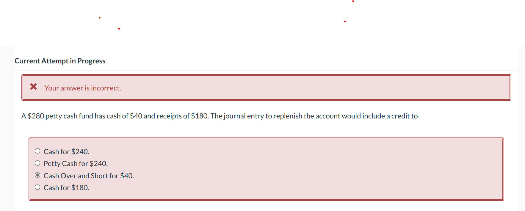Current Attempt in Progress Your answer is incorrect. A $280 petty