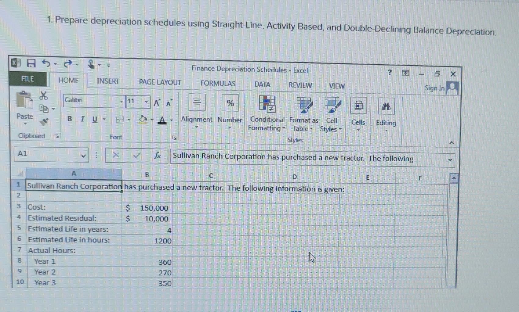 1. Prepare depreciation schedules using Straight-Line, Activity Based, and Double-Declining Balance