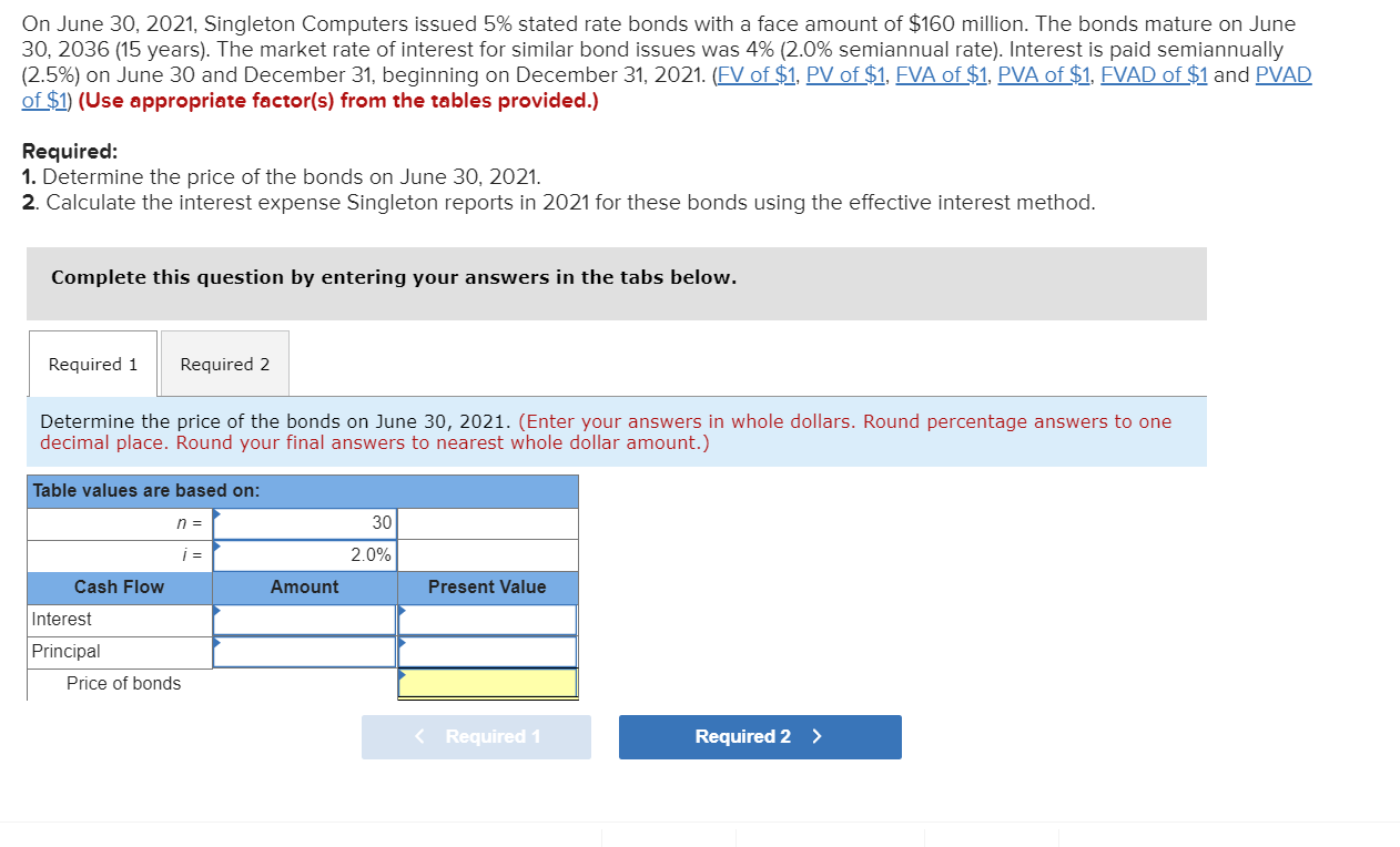 On June 30, 2021, Singleton Computers issued 5% stated rate bonds