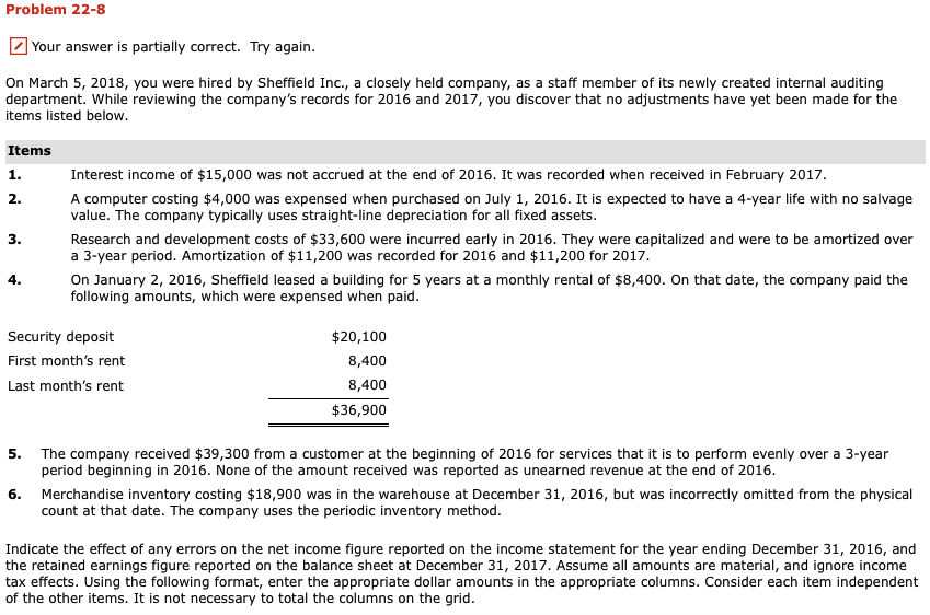  Problem 22-8 Your answer is partially correct. Try again On March